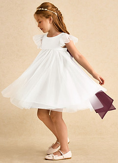 Azazie Munchkin Flower Girl Dresses Ivory Cabernet A-Line Bow Tulle Dress image5