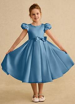 Azazie Pearl Flower Girl Dresses Steel Blue Ball-Gown Pleated Matte Satin Dress image4