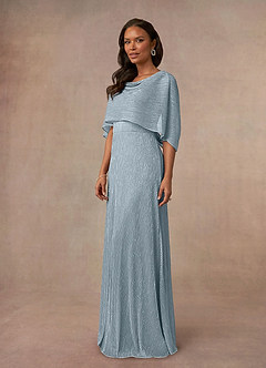 Azazie Loretta Mother of the Bride Dresses Dusty Blue A-Line Cowl Cape Metallic Mesh Dress image3