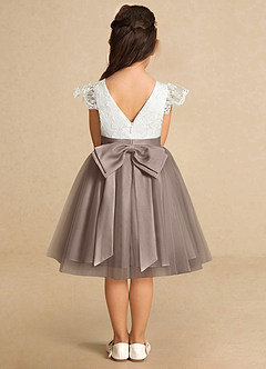 Azazie Vetty Flower Girl Dresses Ivory Taupe A-Line Lace Tulle Dress image7