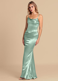 Azazie Sorrel Jurken voor bruidsmeisjes Converteerbaar Jurk van Metaalachtig Satijn met Zeemeermin Korset Agave image4