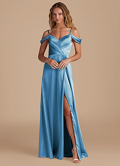 Azazie Ocean Robes de demoiselle d'honneur Robe Trapèze en Satiné métallisé Épaule décolletée Acier Bleuté image1