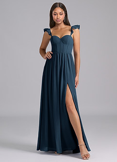 Azazie Denisse Robes de demoiselle d'honneur Robe Trapèze en Mousseline de soie Drapé Bleu Marine Foncé image5