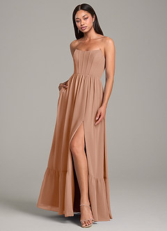 Azazie Kailee Vestidos de damas de honor Vestido de Champán Rosado de Gasa de Corte en A con Con bolsillos image4