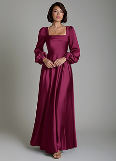 Azazie Solana Bridesmaid Dresses Red Plum A-Line Long Sleeve Stretch Satin Dress image1