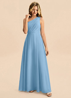 Azazie Phaedra Junior Steel Blue A-Line Pleated Chiffon Dress image6
