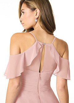 Azazie Dakota Robes de demoiselle d'honneur Robe Trapèze en Mousseline de soie Col V plissé Rose Poudré image8
