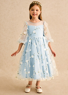 Azazie Elowen Robe Demoiselle D'honneur Fillette Robe Trapèze en Dentelle Encolure en Forme de Cœur Bleu Ciel image3