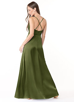 Azazie Naomie Bridesmaid Dresses Olive A-Line Cowl Neckline Side Slit Stretch Satin Dress image2