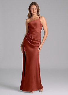 Azazie Eren Bridesmaid Dresses Terracotta Mermaid One Shoulder Stretch Satin Dress image2