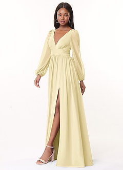 Azazie Norah Robes de demoiselle d'honneur Robe Trapèze en Mousseline de soie Col en V, manches longues Sorbet Citron image4