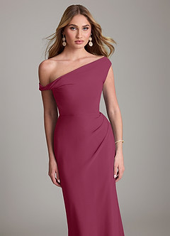 Azazie Emerson Bridesmaid Dresses Mulberry Sheath Off the Shoulder Chiffon Dress image2