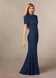 Azazie Carleannia Mother of the Bride Dresses Dark Navy Mermaid Lace Chiffon Dress image3