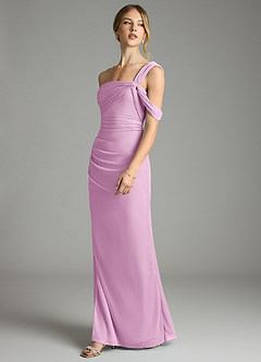 Azazie Tati Final Sale Candy Pink Sheath Off the Shoulder Mesh Dress image4