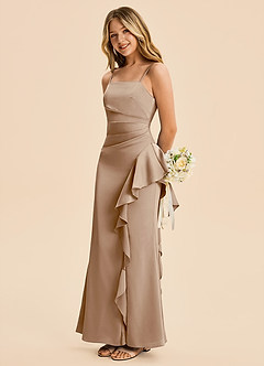Azazie Lyla Junior Taupe Mermaid Pleated Stretch Satin Dress image1