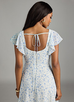 Azazie Bondi Bridesmaid Dresses Blue And White Ditsy Floral A-Line Ruffled Chiffon Dress image7
