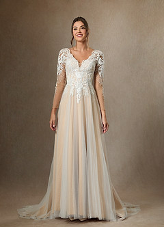 Azazie Essy Wedding Dresses Diamond White Champagne A-Line V-Neck Sequins Tulle Dress image4