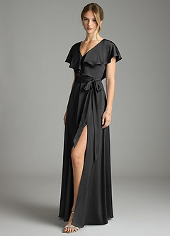 Azazie Lainey Bridesmaid Dresses Black A-Line with Pockets Stretch Satin Dress image4