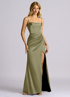 Azazie Auden Bridesmaid Dresses Pistachio Sheath Off the Shoulder Stretch Satin Convertible Dress image3