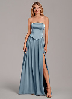 Azazie Cadence Bridesmaid Dresses Dusty Blue A-Line Corset Stretch Satin Convertible Dress image5