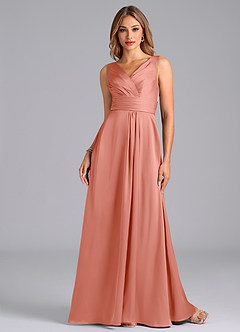 Azazie Karina Bridesmaid Dresses Coral A-Line Pleated Stretch Satin Dress image4