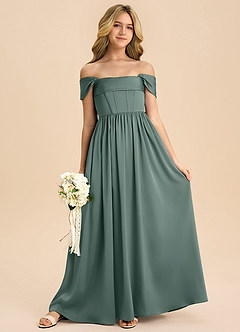 Azazie Hattie Junior Sea Moss A-Line Pleated Stretch Satin Dress image3