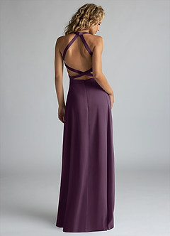Azazie Clarice Bridesmaid Dresses Plum A-Line High Neck Stretch Satin Dress image3
