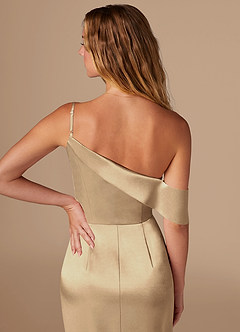 Azazie Lia Bridesmaid Dresses Champagne Sheath Off the Shoulder Metallic Satin Dress image2