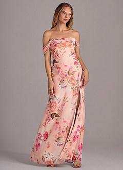 Azazie Saige Jurken voor bruidsmeisjes Converteerbaar Jurk van Chiffon met A-Lijn Off the Shoulder Abstract Boeket Bloemen image6