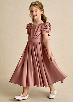 Azazie Miriam Flower Girl Dresses Cedar Rose Ball-Gown Pleated Matte Satin Dress image7