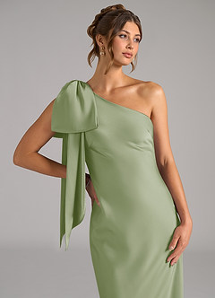 Azazie Capri At-home Try On Dresses Dusty Sage Mermaid One Shoulder Stretch Satin Dress image5