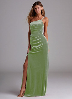 Azazie Eren Bridesmaid Dresses Dusty Sage Sheath One Shoulder Velvet Dress image1