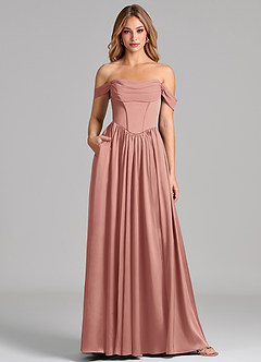 Azazie Raisa Bridesmaid Dresses Rosette A-Line Off the Shoulder Stretch Satin Dress image1