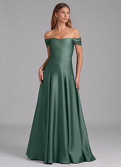 Azazie Seriana Robes de demoiselle d'honneur Robe Trapèze Convertible en Satin extensible Épaule décolletée Eucalyptus image1