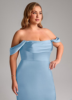 Azazie Saige Vestidos de damas de honor Vestido de Azul Pálido de Satén Elástico de Corte Recto con Vestidos sin tirantes image14