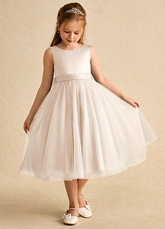 Azazie Winnie vestidos de niña de las flores Vestido de Alabastro Blanco de Tul de Princesa con Lazo image2