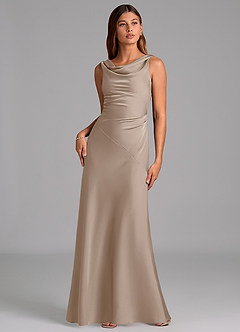 Azazie Nerine Bridesmaid Dresses Taupe A-Line Pleated Stretch Satin Dress image3