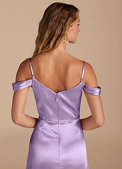 Azazie Ocean Bridesmaid Dresses Lilac A-Line Off the Shoulder Metallic Satin Dress image5