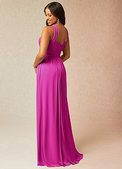 Azazie Hillian Vestidos de damas de honor Vestido de Fucsia de Malla de Corte en A con Halter Plisado image4