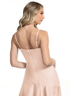 Azazie Kayla Bridesmaid Dresses Blushing Pink Sheath Side Slit Stretch Satin Dress image5