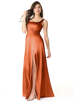 Azazie Joyce Robes de demoiselle d'honneur Robe Trapèze en Satiné métallisé Fente Latérale Orange Brûlée image3