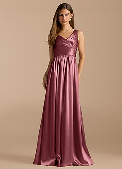 Azazie Keyla Bridesmaid Dresses Desert Rose A-Line Pleated Metallic Satin Dress image1