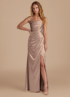 Azazie Marzia Bridesmaid Dresses Taupe Mermaid Pleated Metallic Satin Dress image1