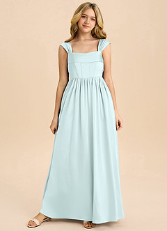 Azazie Hattie Junior Sea Glass A-Line Pleated Stretch Satin Dress image8