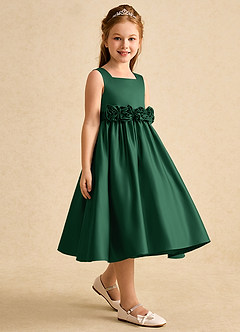 Azazie Peaches Flower Girl Dresses Dark Green A-Line Bow Matte Satin Dress image3