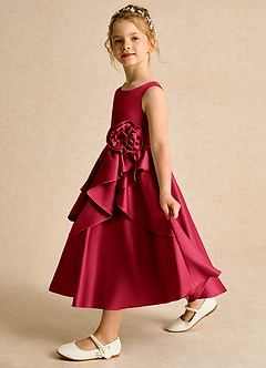 Azazie Hermia Blumenmädchenkleider A-Linie ärmellos Matte Satin Kleid Scharlachrot image4