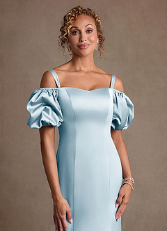 Azazie Redding Mother of the Bride Dresses Sky Blue Sheath Ruched Stretch Satin Dress image5