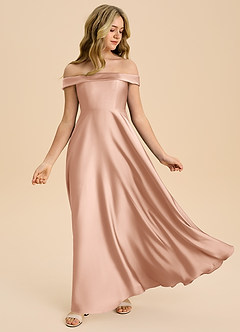 Azazie Sissy Junior Abito A-Line in Raso Elasticizzato a Spalla Scoperta Oro Rosa image5