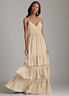 Azazie Nathalia 신부 들러리 드레스 A라인 셔링 쉬폰 바닥 길이 드레스 image1