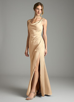Azazie Samara Bridesmaid Dresses Champagne Mermaid Pleated Stretch Satin Dress image3